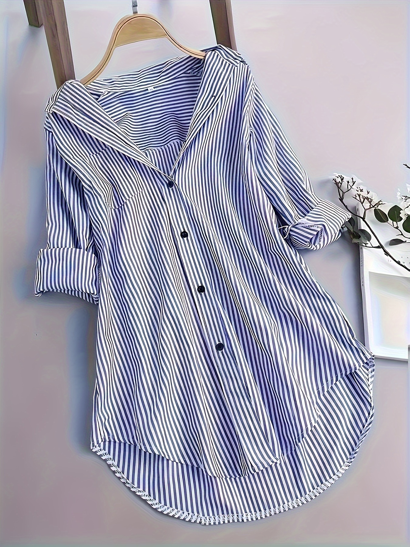 stripe print polo collar button shirt casual long sleeve shirt for spring fall womens clothing details 9