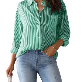Women's Loose Striped Blouse, Crew Neck Long Sleeve Blouse, Casual Every Day Blouse, Women's Clothing