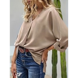 Tucked Rollable Sleeve Blouse, Casual V Neck Simple Blouse, Women's Clothing