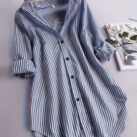 Stripe Print Polo Collar Button Shirt, Casual Long Sleeve Shirt For Spring & Fall, Women's Clothing