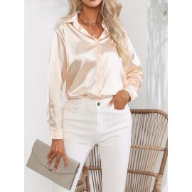 Solid Smoothly Shirt, Elegant Button Front Turn Down Collar Long Sleeve Shirt, Women's Clothing