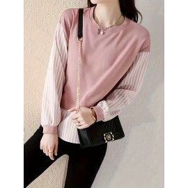 Contrast Striped Crew Neck Blouse, Elegant Long Sleeve Split Side Blouse For Spring & Fall, Women's Clothing
