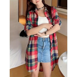 Plaid Print Button Front Shirt, Thigh Length Long Sleeve Shirt For Spring & Fall, Women's Clothing