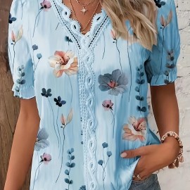 Floral Print V Neck Lace Trim Blouse, Boho Puff Sleeve Blouse For Summer, Women's Clothing