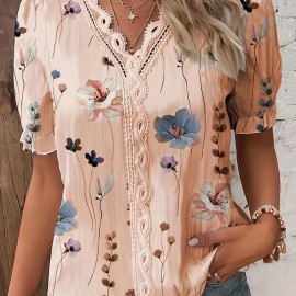 Floral Print V Neck Lace Trim Blouse, Boho Puff Sleeve Blouse For Summer, Women's Clothing