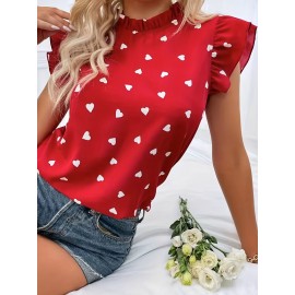Heart Print Ruffle Trim Blouse, Casual Pleated Crew Neck Blouse For Spring & Summer, Women's Clothing
