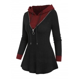 Color Block Zipper Hoodie, Casual Long Sleeve Drawstring Hoodies Sweatshirt, Women's Clothing