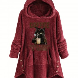 Graphic Print Fluffy Loose Cat Ears Hoodie, Casual Hooded Pocket Fashion Long Sleeve Sweatshirt, Women's Clothing