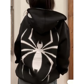 Spider & Letter Print Zip-up Hoodie, Casual Long Sleeve Hoodie Jacket, Women's Clothing