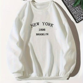 New York Brooklyn Print Loose Sweatshirt, Casual Long Sleeve Crew Neck Sweatshirt, Women's Clothing