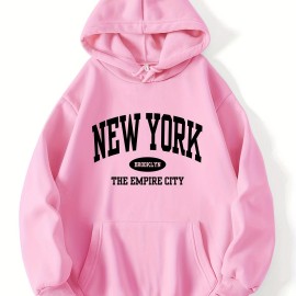 Letter Print Kangaroo Pocket Hoodie, Casual Long Sleeve Drawstring Hoodies Sweatshirt, Women's Clothing