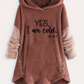 Letter Print Fleece Loose Hoodie, Casual Button Long Sleeve Warm Sweatshirt, Women's Clothing