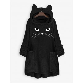 Cat Print Fuzzy Hoodie, Cute Long Sleeve Thermal Loose Sweatshirt With Pocket, Women's Clothing