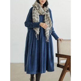 Ruched Solid Midi Dress, Casual Crew Neck Long Sleeve Dress, Women's Clothing