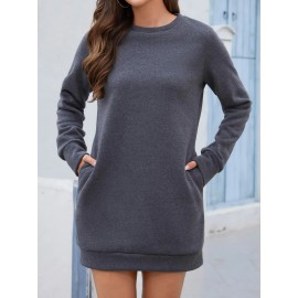 Casual Crew Neck Sweatshirt Dress, Long Sleeve With Pocket Sweatshirt Dresses , Women's Clothings