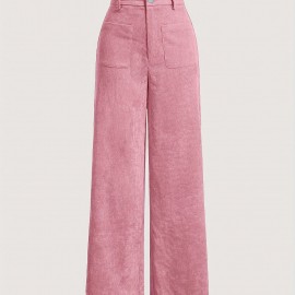 Solid Corduroy Straight Leg Pants, Vintage Patched Pocket Loose Pants, Women's Clothing