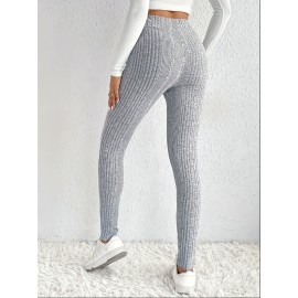 Solid Rib Knit Skinny Pants, Casual Crisscross Waist Daily Pants, Women's Clothing